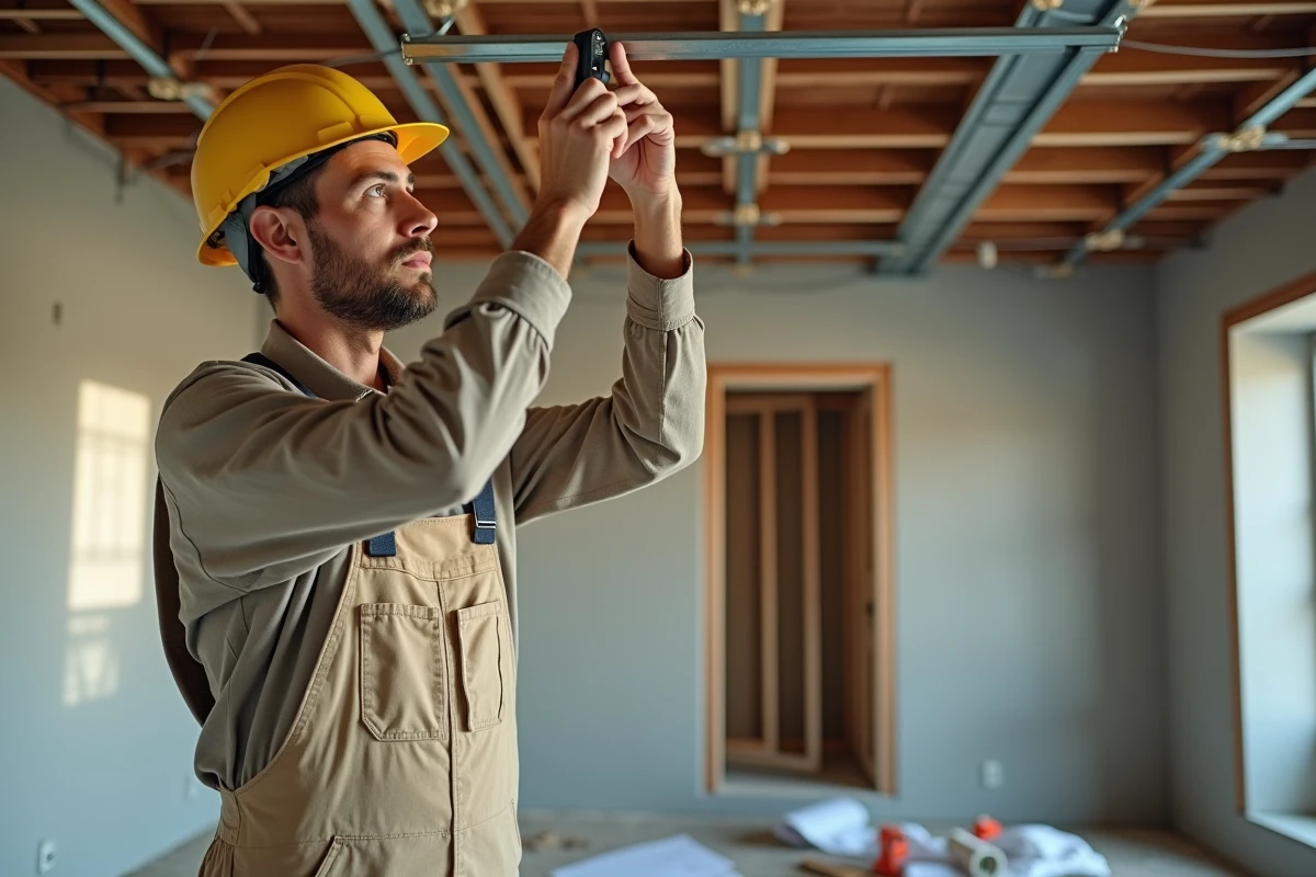 Ouvrier mesurant une structure de faux plafond suspendu en cours de pose dans une pièce en rénovation