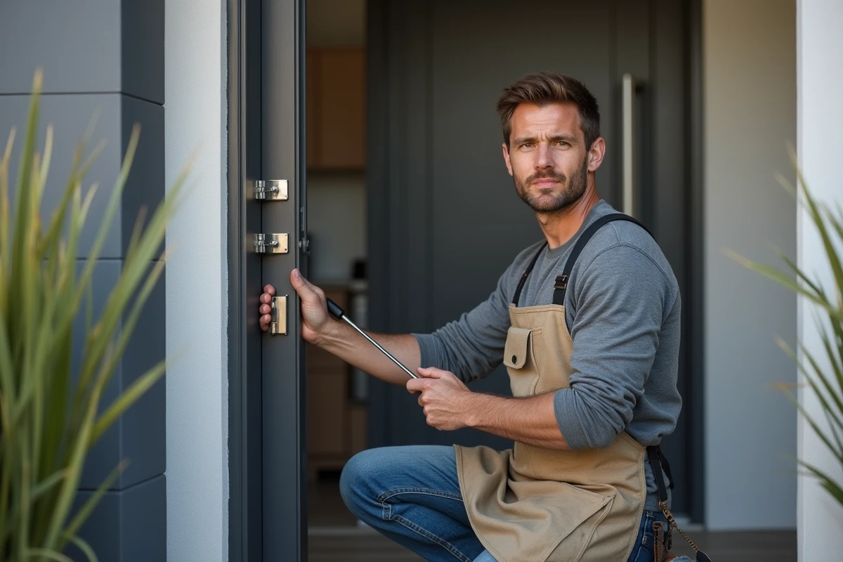 Artisan installant un gond en acier inoxydable sur une porte d'entrée en bois massif de maison contemporaine