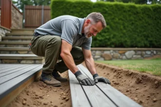 Poseur de terrasse examinant un sol irrégulier avant d'installer un revêtement de type terrasto, avec des dalles composites et du gravier en arrière-plan dans un jardin résidentiel