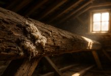 Photo hyperrealiste d'une poutre en bois en décomposition dans un grenier lumineux