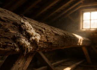 Photo hyperrealiste d'une poutre en bois en décomposition dans un grenier lumineux