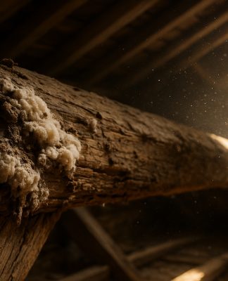 Photo hyperrealiste d'une poutre en bois en décomposition dans un grenier lumineux