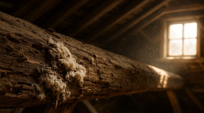 Photo hyperrealiste d'une poutre en bois en décomposition dans un grenier lumineux