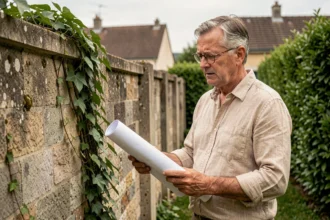 Propriétaire examinant une clôture ancienne en pierre dans son jardin avec des plans d'urbanisme à la main