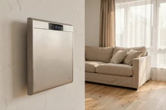 Radiateur électrique Carrera fixé au mur d'un salon moderne avec parquet en chêne et canapé en lin