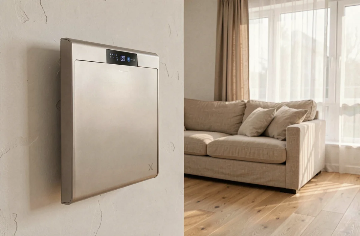 Radiateur électrique Carrera fixé au mur d'un salon moderne avec parquet en chêne et canapé en lin