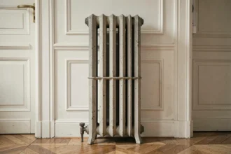 Radiateur en fonte ancien modèle à colonnes contre un mur blanc dans un appartement haussmannien, vue de face montrant hauteur et dimensions complètes