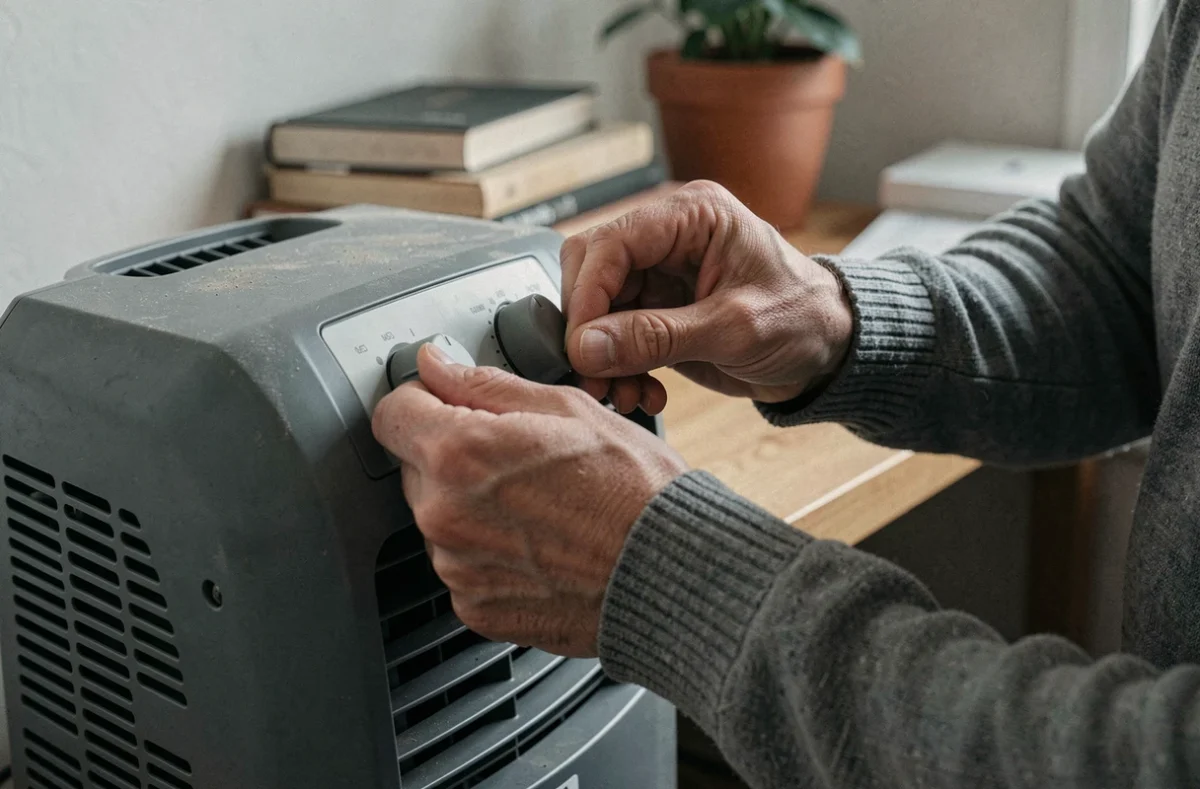 Homme en pull gris réglant le thermostat d'un radiateur électrique dans un bureau à domicile