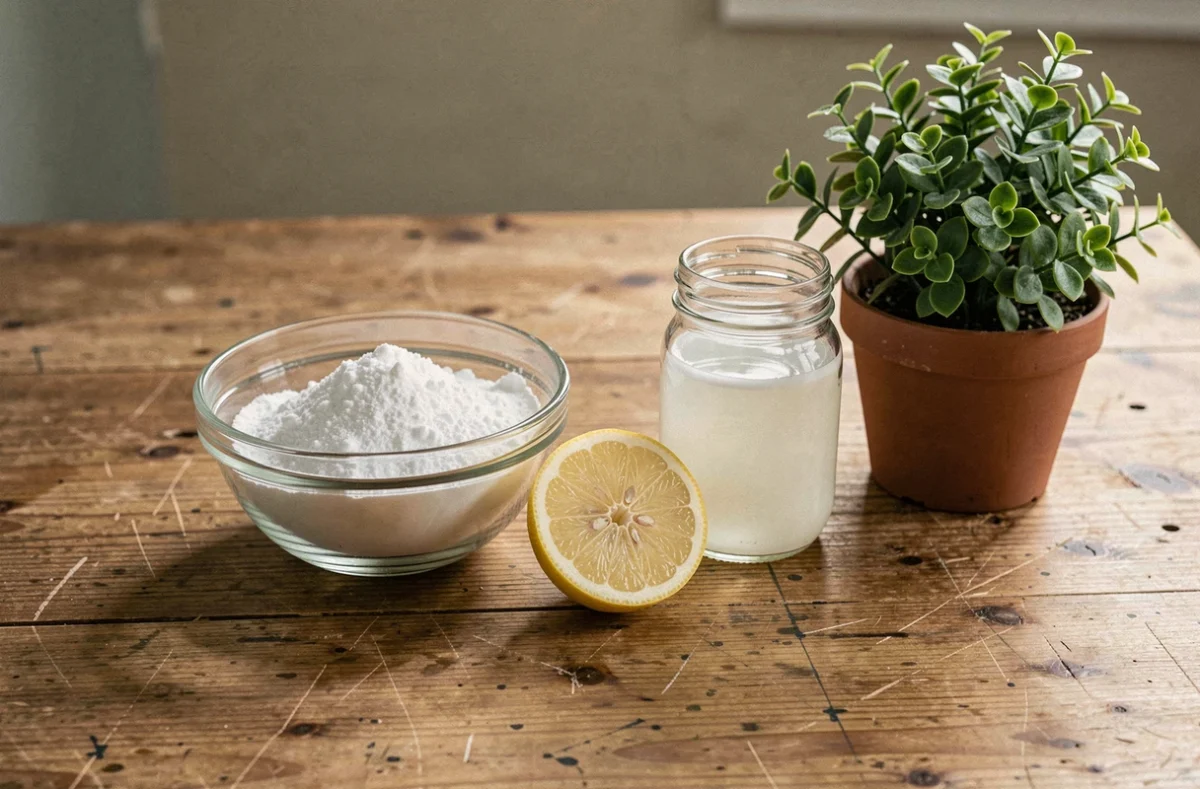Remèdes naturels contre l'odeur de peinture disposés sur une table en bois : bicarbonate, citron, vinaigre et plante verte