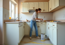 Budget relooking cuisine : quel coût prévoir pour moderniser sa cuisine ? Femme rénovant sa cuisine en peignant les portes de placard