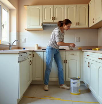 Budget relooking cuisine : quel coût prévoir pour moderniser sa cuisine ? Femme rénovant sa cuisine en peignant les portes de placard