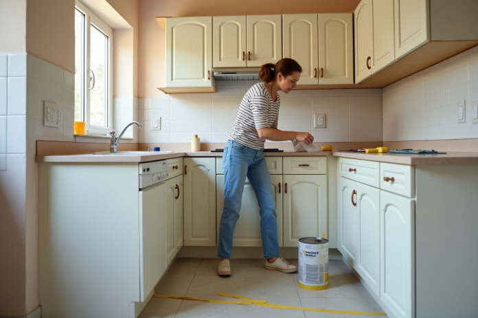 renovation-cuisine-peinture Femme rénovant sa cuisine en peignant les portes de placard