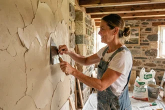 Femme appliquant un enduit à la chaux naturelle sur un mur en pierre lors d'une rénovation écologique à petit budget