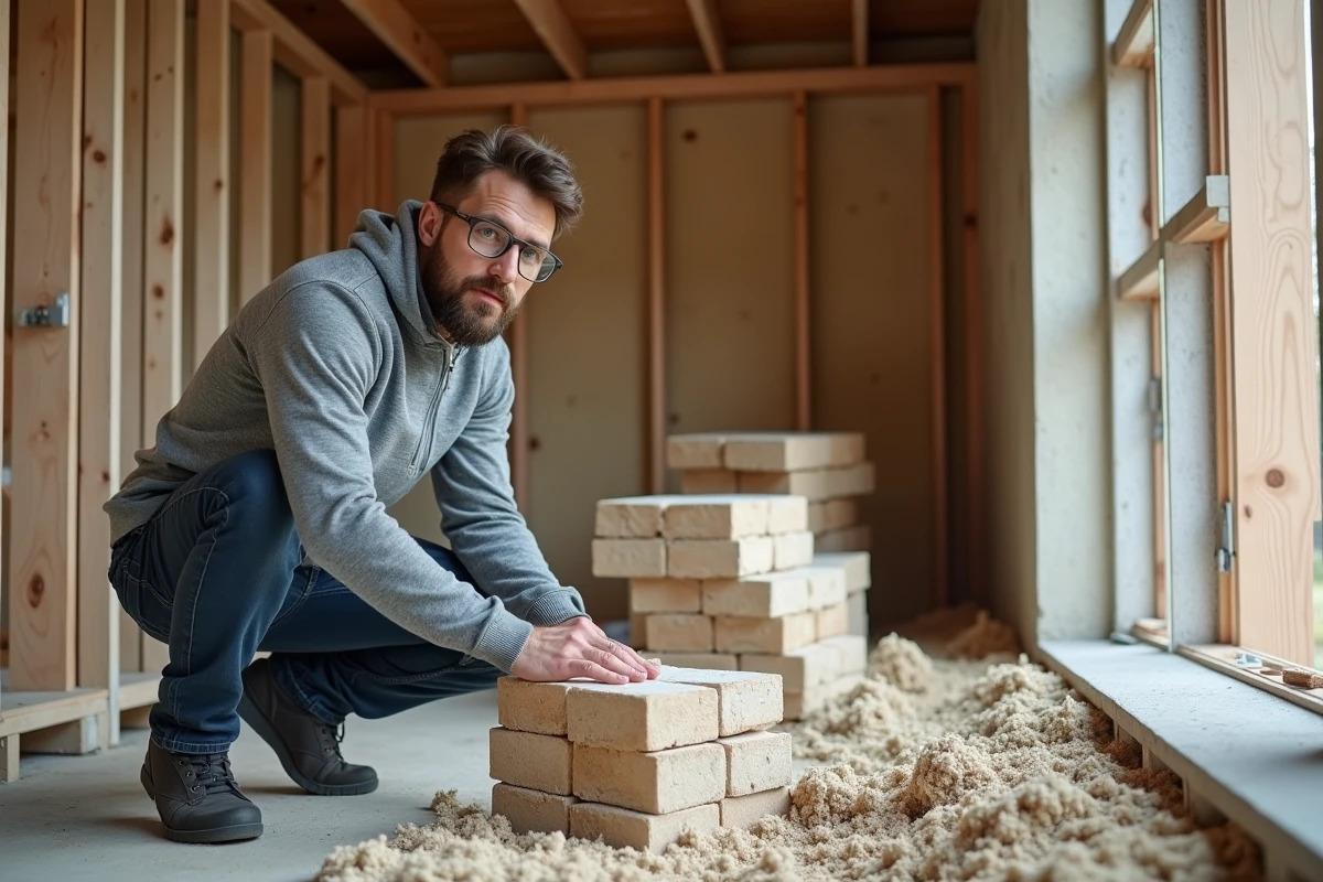 Professionnel inspectant des matériaux isolants écologiques sur un chantier de rénovation durable