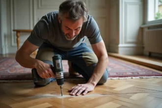 Artisan vissant une lame de parquet grinçante avec une visseuse sans fil dans un appartement ancien