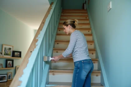 Femme d'âge moyen repeignant un escalier en bois avec une peinture bleue