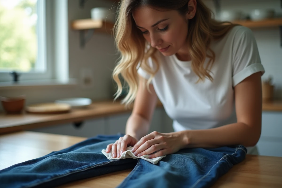 Femme retirant du chewing-gum sur un jean avec un glaçon enveloppé dans un tissu