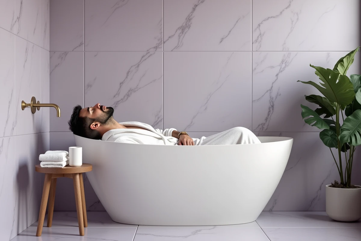 Homme allongé dans une baignoire en céramique blanche dans une salle de bain aux teintes lavande apaisantes et aux finitions en laiton brossé