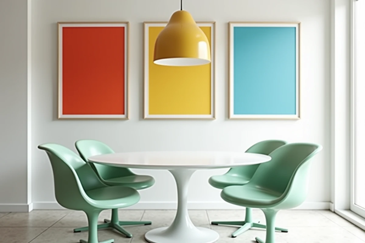 Salle à manger pop design avec chaises Tulip vert menthe, table blanche et galerie d'affiches Pop Art encadrées