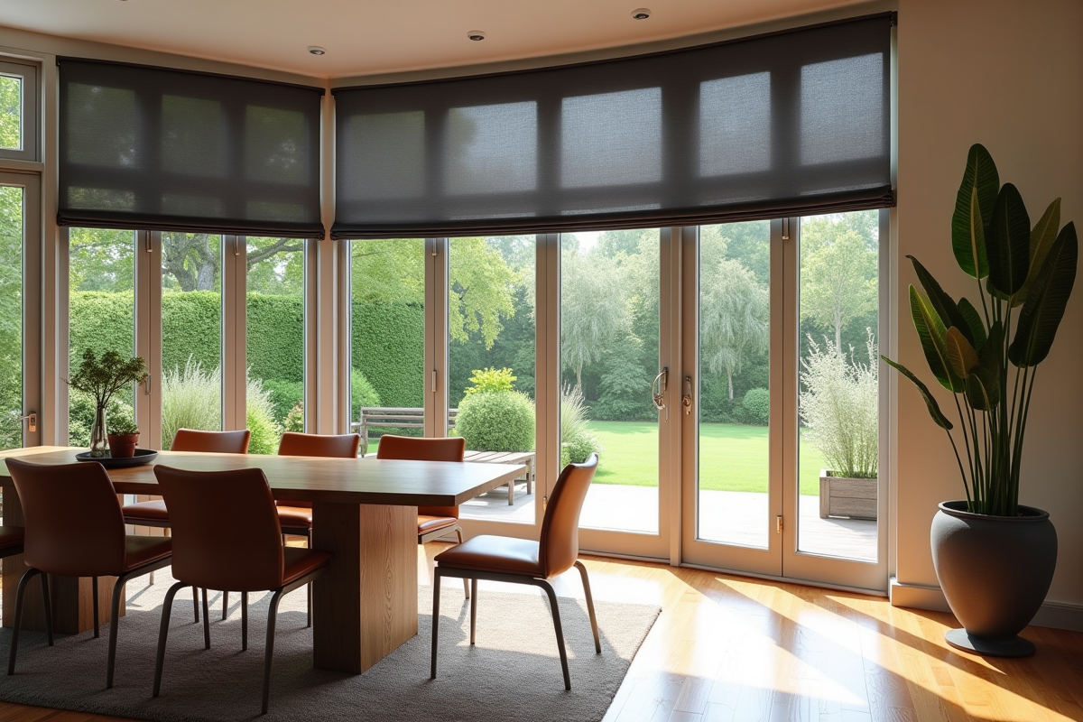 Salle à manger contemporaine avec moustiquaire grise et vue jardin