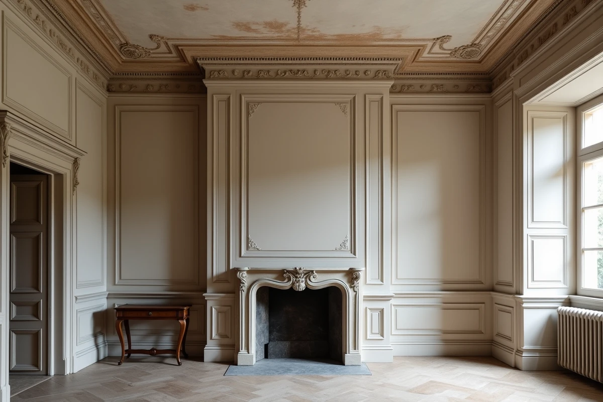 Salon bourgeois du XIXe siècle avec plafond restauré préservant les moulures et corniches d'origine, alliance réussie entre réparation moderne et charme architectural ancien