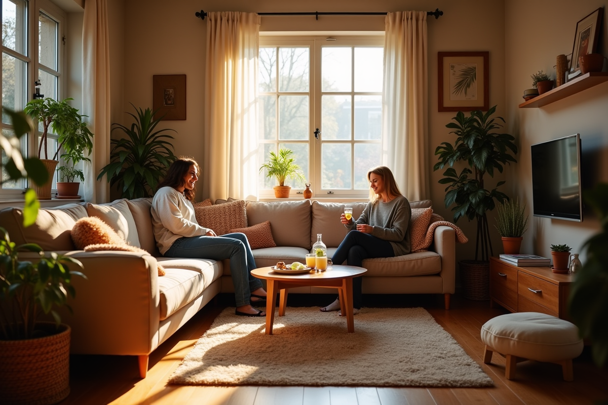 Salon chaleureux avec plantes et couvertures douillettes