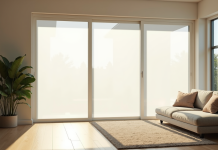 Salon moderne avec porte-fenêtre et moustiquaire blanche