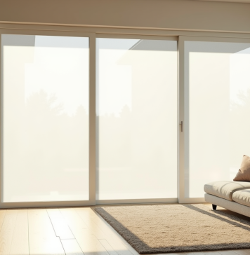 Choisir une moustiquaire pour baie vitrée 240×215 adaptée à votre déco Salon moderne avec porte-fenêtre et moustiquaire blanche