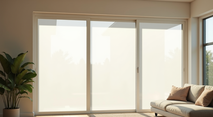 Salon moderne avec porte-fenêtre et moustiquaire blanche