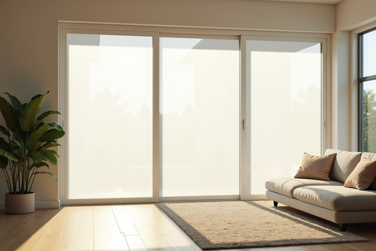 Salon moderne avec porte-fenêtre et moustiquaire blanche