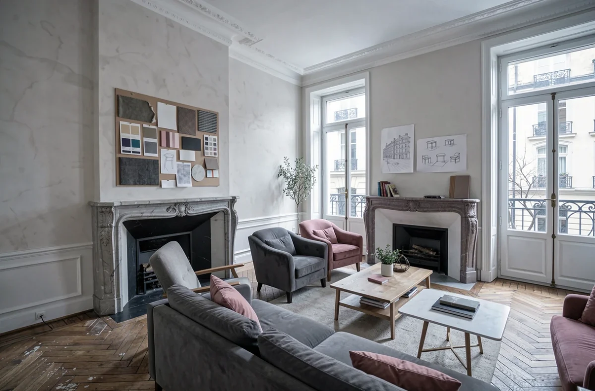 Salon haussmannien de Strasbourg en cours de réaménagement avec tableau d'inspiration, parquet en chevrons et cheminée ancienne