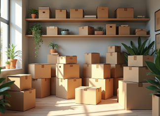 Gagnez de la place grâce à ces astuces de rangement pour cartons Salon moderne avec cartons organisés et lumière naturelle