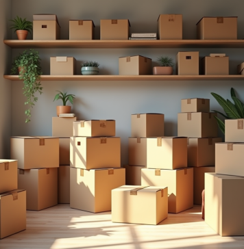 Gagnez de la place grâce à ces astuces de rangement pour cartons Salon moderne avec cartons organisés et lumière naturelle