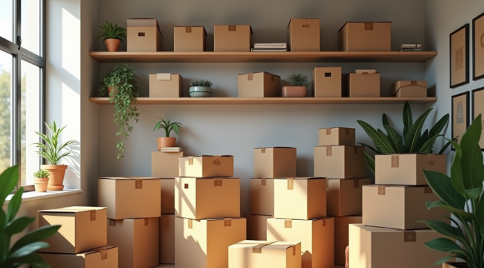 Salon moderne avec cartons organisés et lumière naturelle