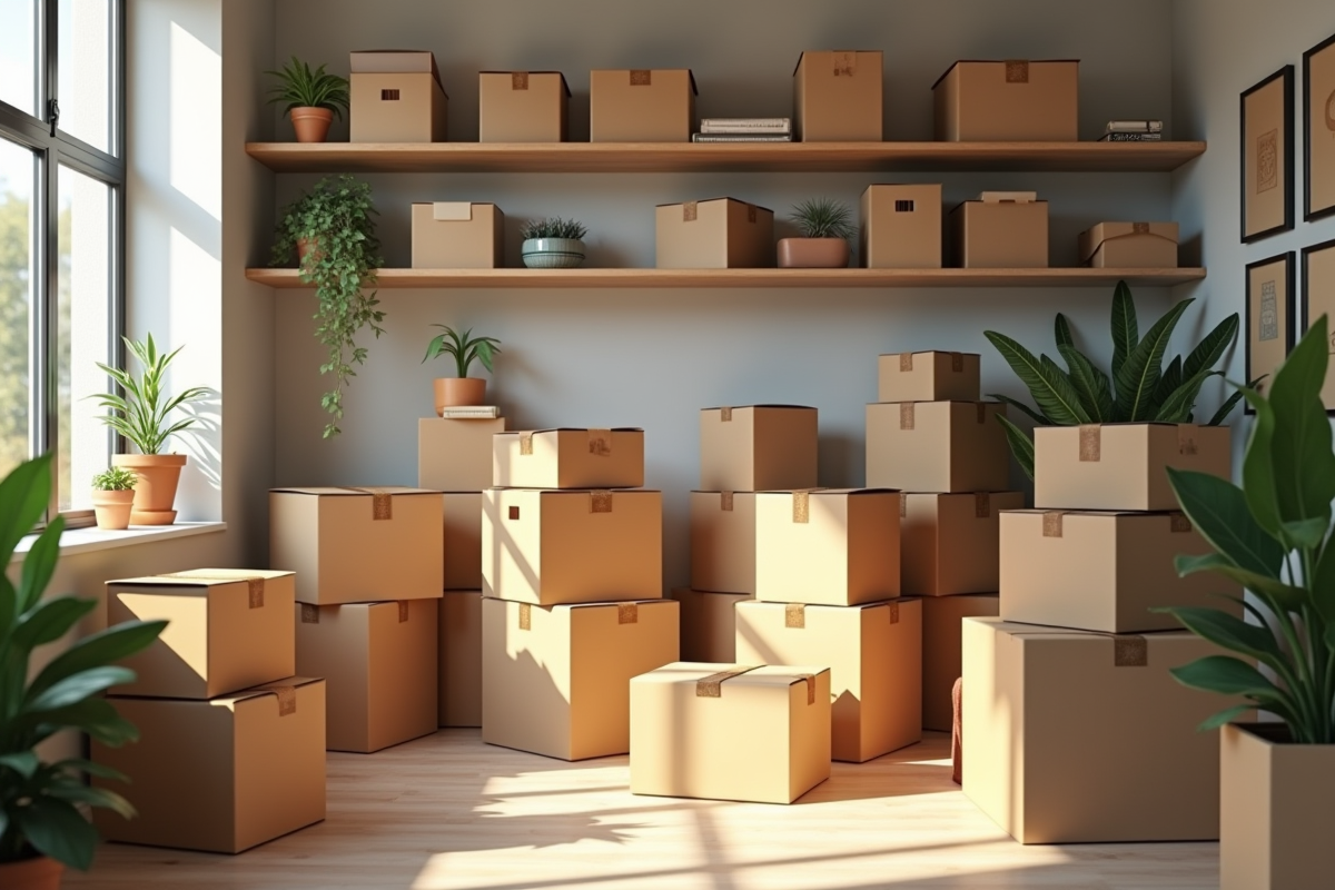Salon moderne avec cartons organisés et lumière naturelle