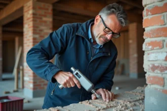 Technicien appliquant un scellement chimique dans un mur en brique lors d'une rénovation intérieure