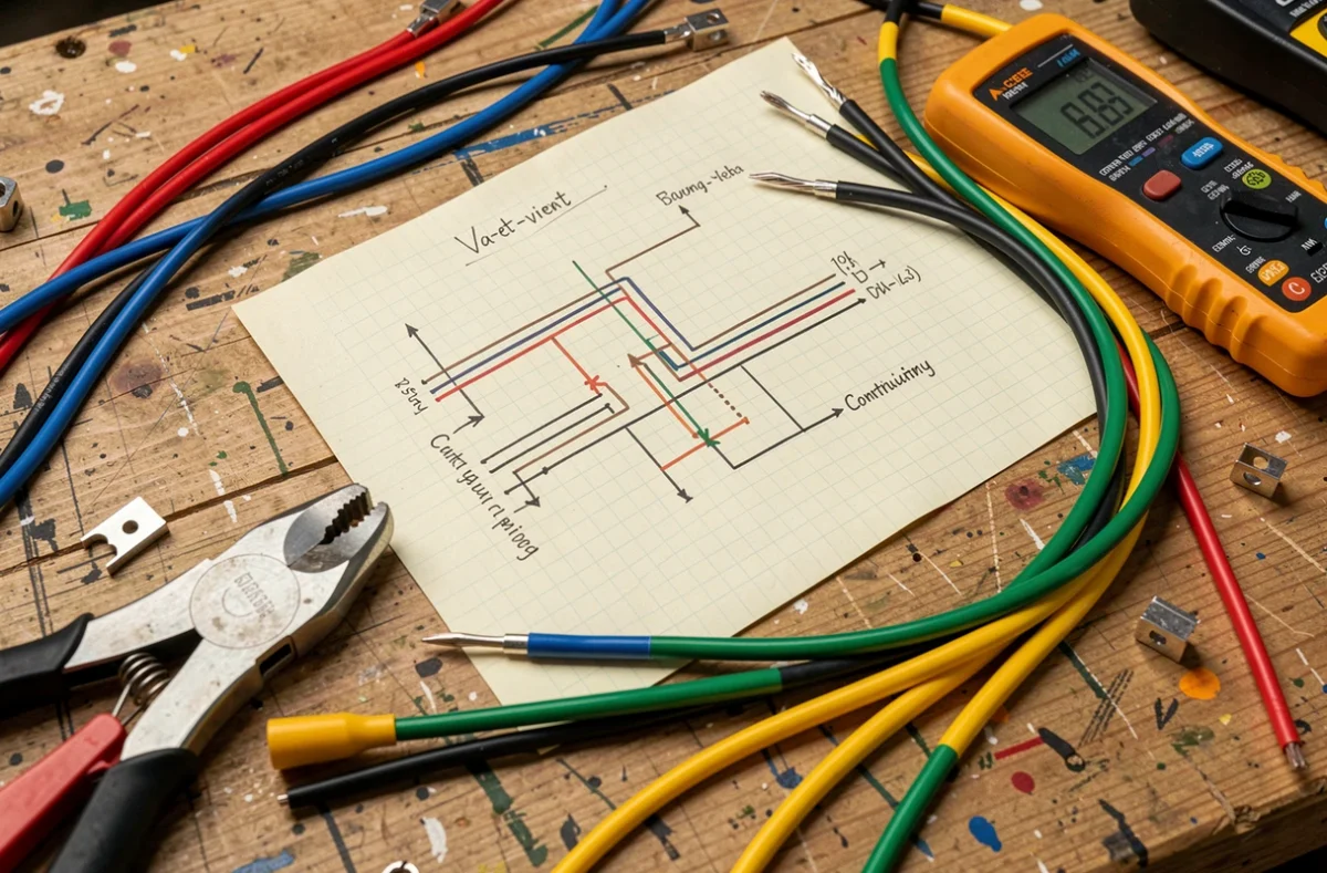 Schéma va-et-vient dessiné à la main sur papier millimétré entouré d'outils d'électricien sur un établi en bois