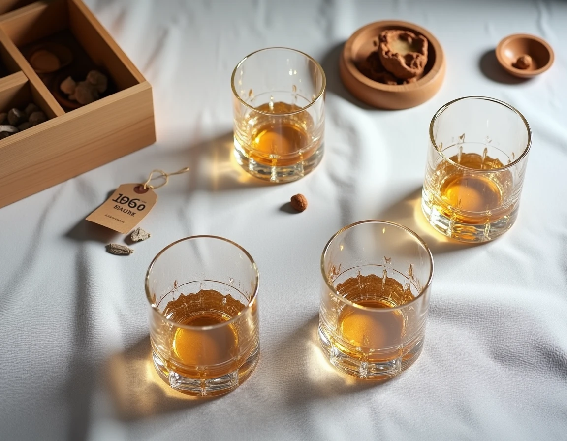 Vue de dessus d'une sélection de verres en cristal à whisky abordables disposés sur une nappe en lin avec un coffret cadeau en bois