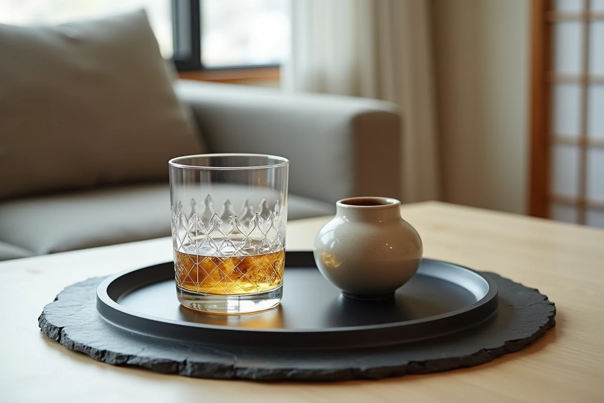 Service de verres à whisky japonais artisanaux avec pichet en céramique sur un plateau en ardoise dans un salon de style japonais