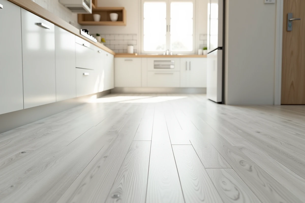Sol PVC rouleau gris effet bois installé dans une cuisine moderne avec meubles blancs et crédence en carrelage métro