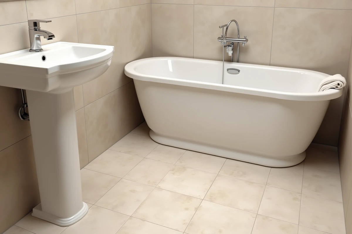 Sol PVC rouleau beige effet pierre posé dans une salle de bain avec baignoire et lavabo sur pied