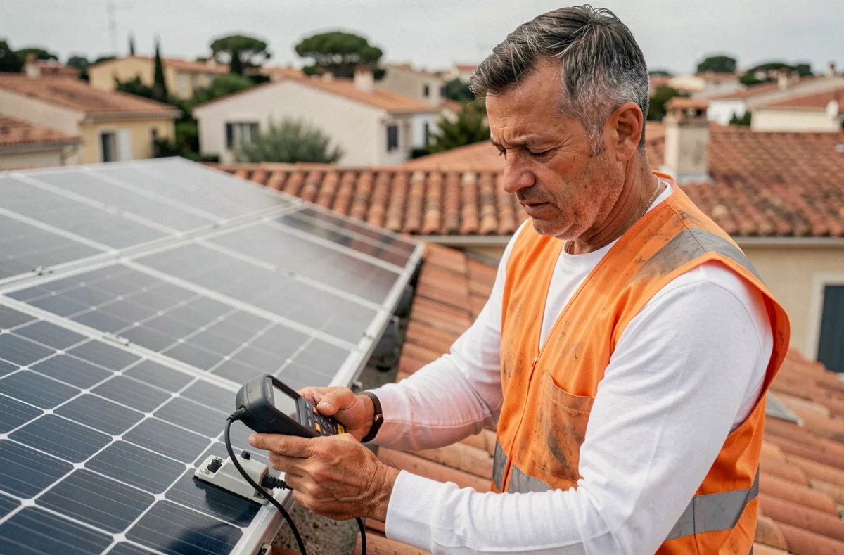 Spécialiste de Solar System Marseille inspectant un réseau de panneaux solaires installés sur une maison marseillaise