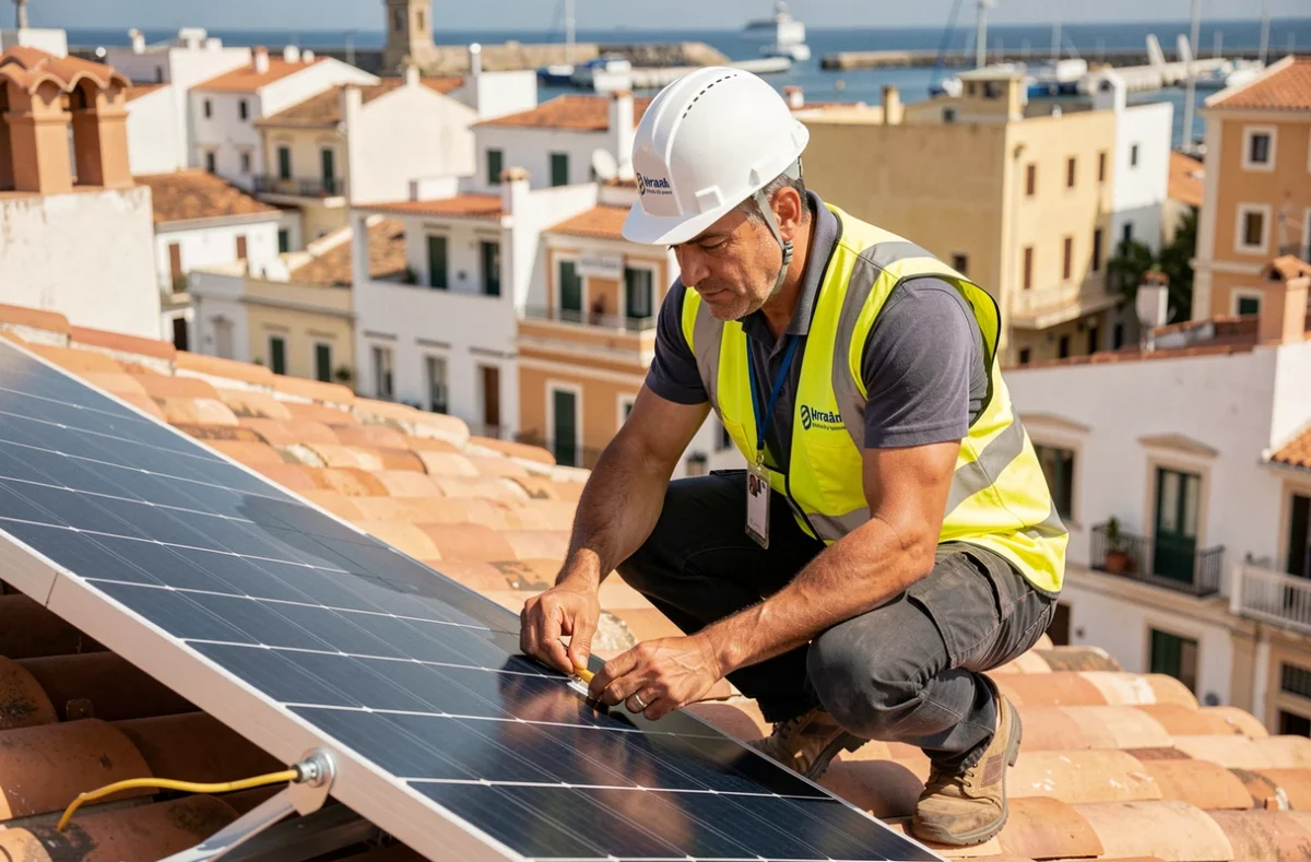 Technicien de Solarock Marseille en train d'installer des panneaux solaires sur un toit marseillais avec vue sur le Vieux-Port