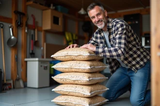 Homme d'âge moyen organisant sacs de pellets dans un garage propre