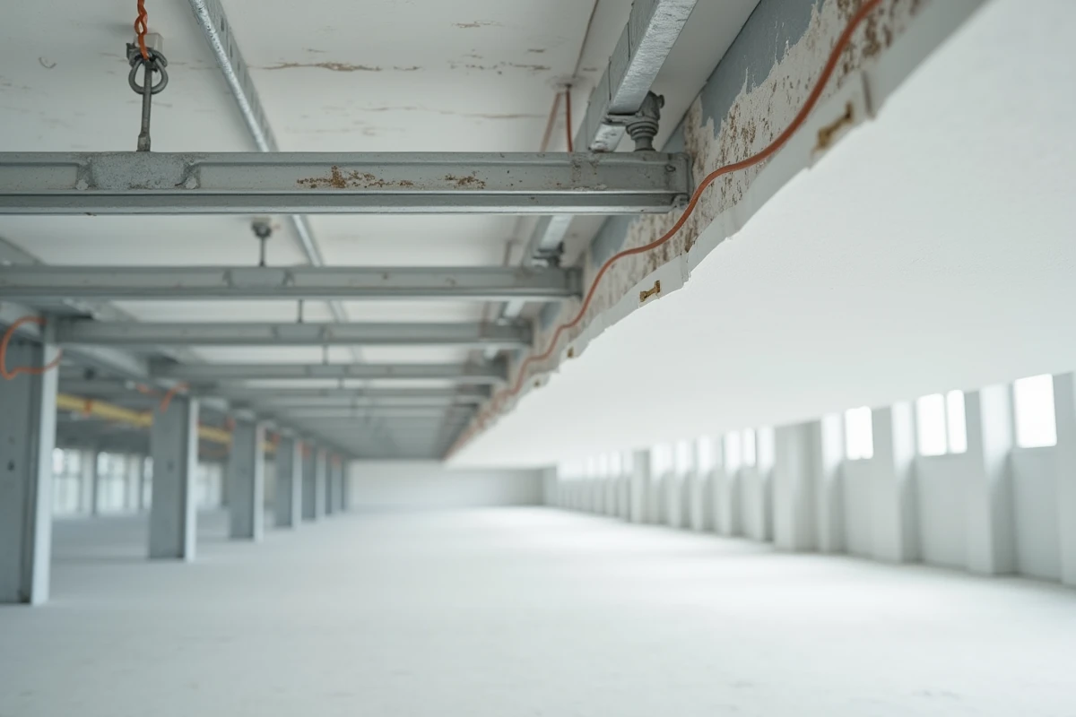 Détail d'une structure métallique de faux plafond suspendu avec tuiles en fibres minérales partiellement posées
