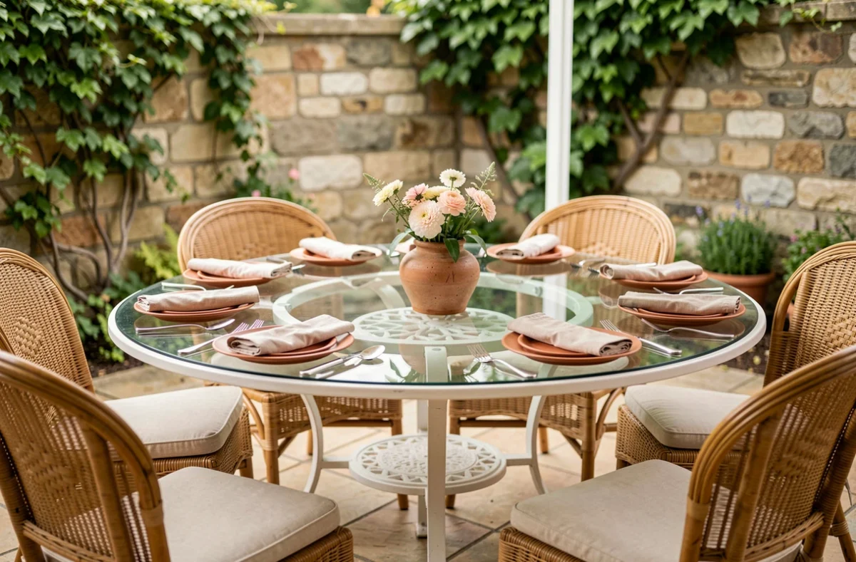 Table ronde extérieure pour 10 convives sur une terrasse couverte avec vaisselle en terre cuite et chaises en rotin