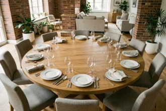 Grande table ronde en chêne dressée pour 10 personnes dans un intérieur moderne avec vaisselle blanche et verres en cristal