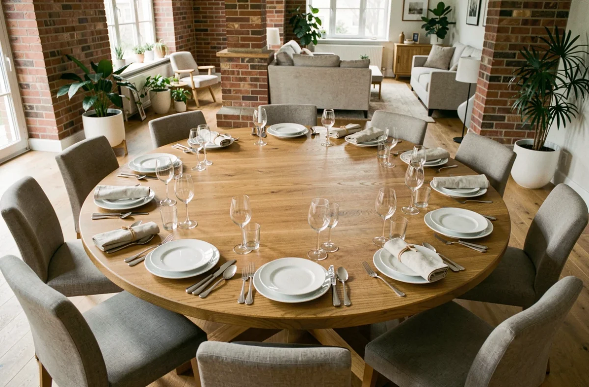 Grande table ronde en chêne dressée pour 10 personnes dans un intérieur moderne avec vaisselle blanche et verres en cristal