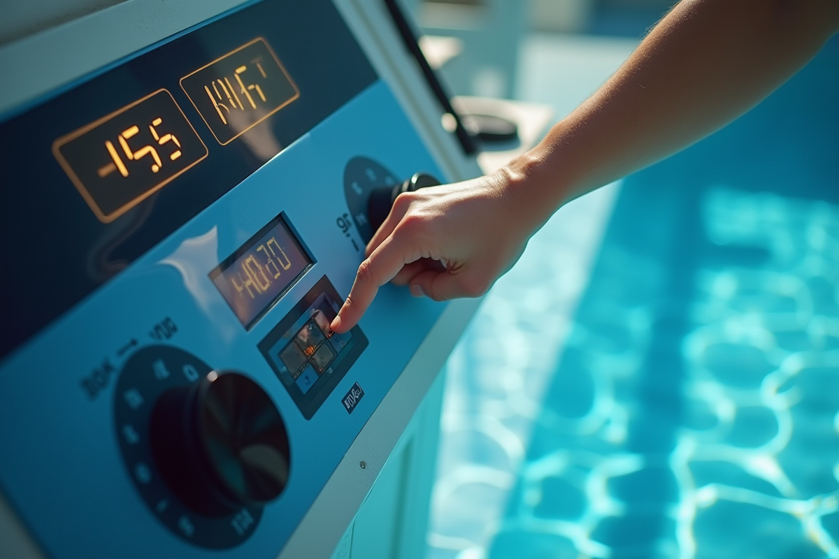 Gros plan sur un panneau de controle de piscine avec affichage digital