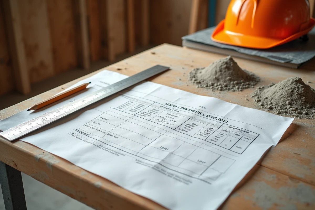 Tableau de dosage chape maigre annoté posé sur un établi de chantier avec règle et crayon
